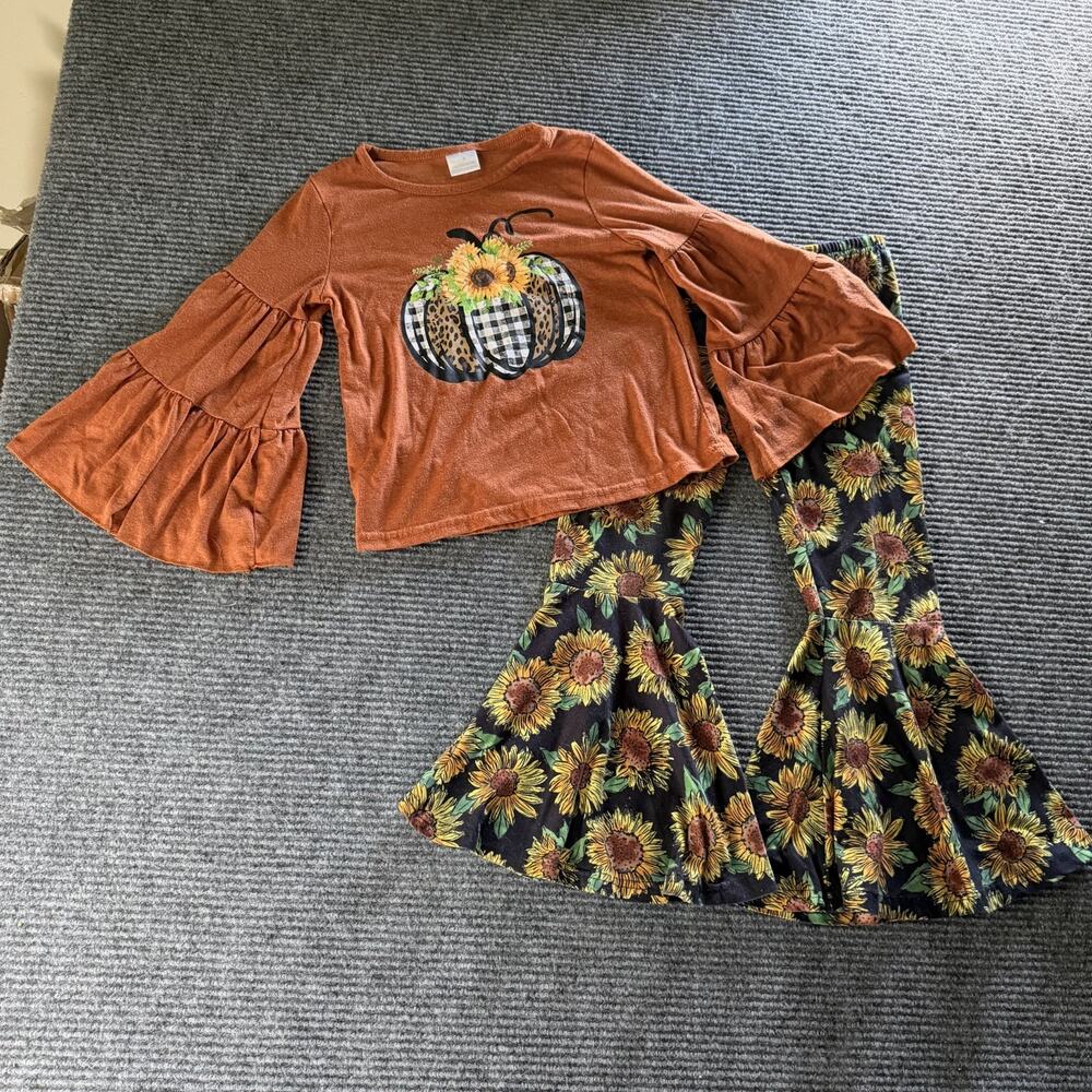Girls Size 6 Sunflower Pumpkin Bell Bottom Outfit Set Ruffle Top